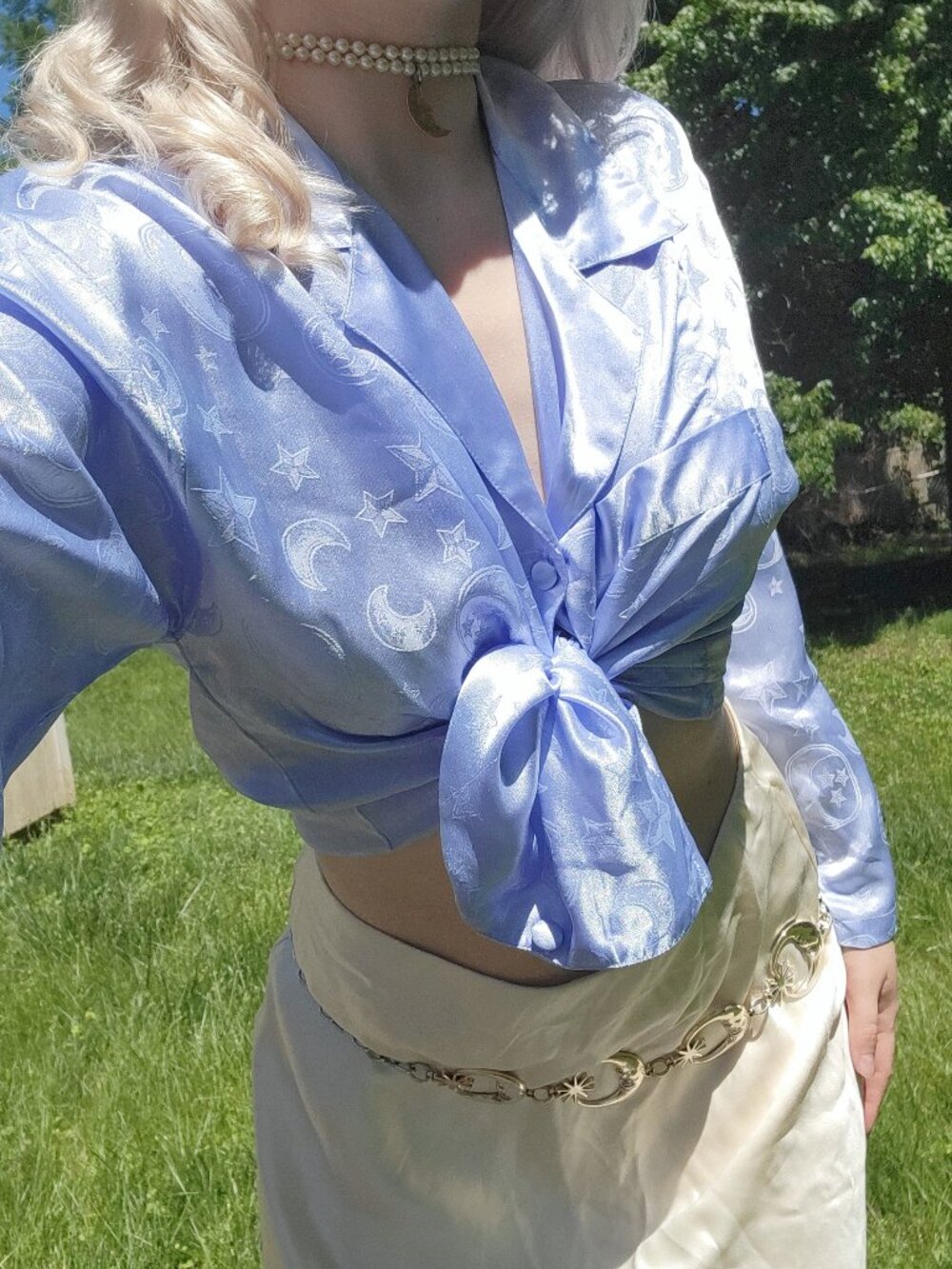 ✩₊☽˚⋆ Marianne light blue satin celestial top ☾⋆⁺₊✧